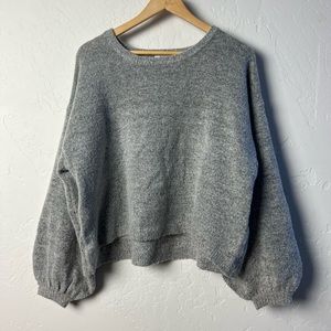 Grey Cropped Puff Sleeve Sweater